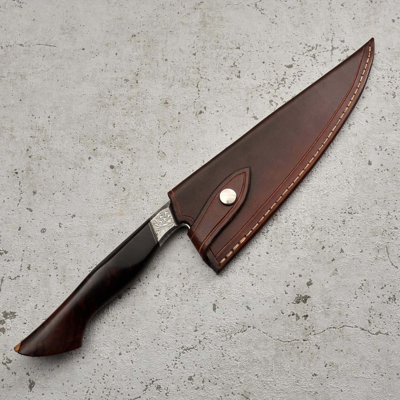 Martin Huber Chef Knife 220mm Feather Damascus "S" Grind with Integral Ironwood Handle - Blade with Saya