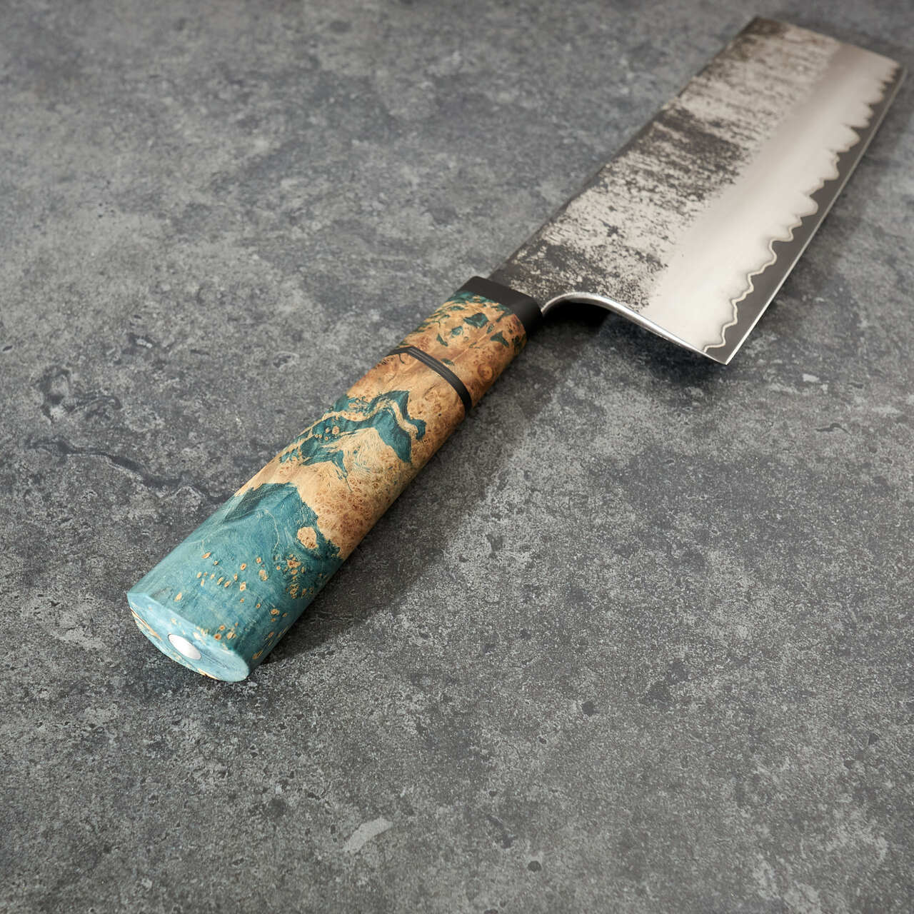 Martin Huber Cleaver 170mm 1.2519 San Mai with Nickel Inlay & Maple Burl Handle - Handle