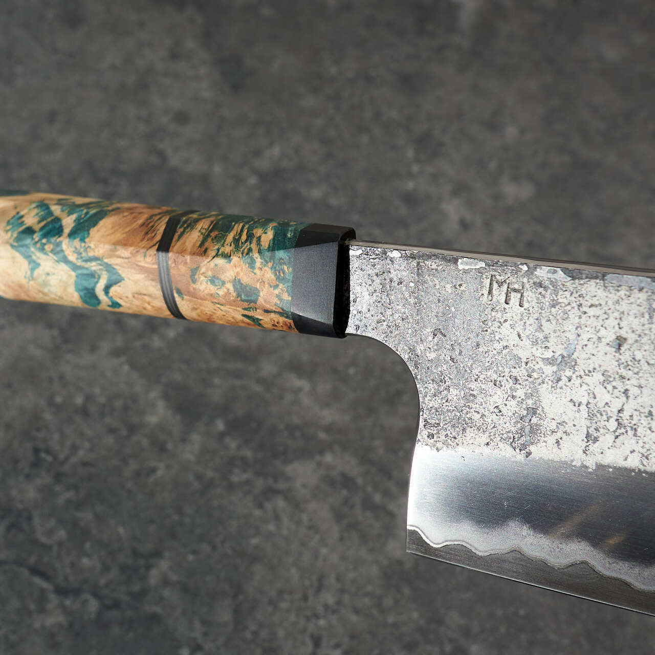 Martin Huber Cleaver 170mm 1.2519 San Mai with Nickel Inlay & Maple Burl Handle - Handle