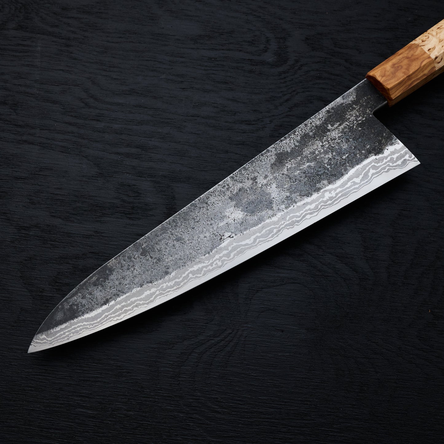 Gyuto 232mm Wrought Iron Suminagashi Clad 135Cr3 Masur & Olive – view 6