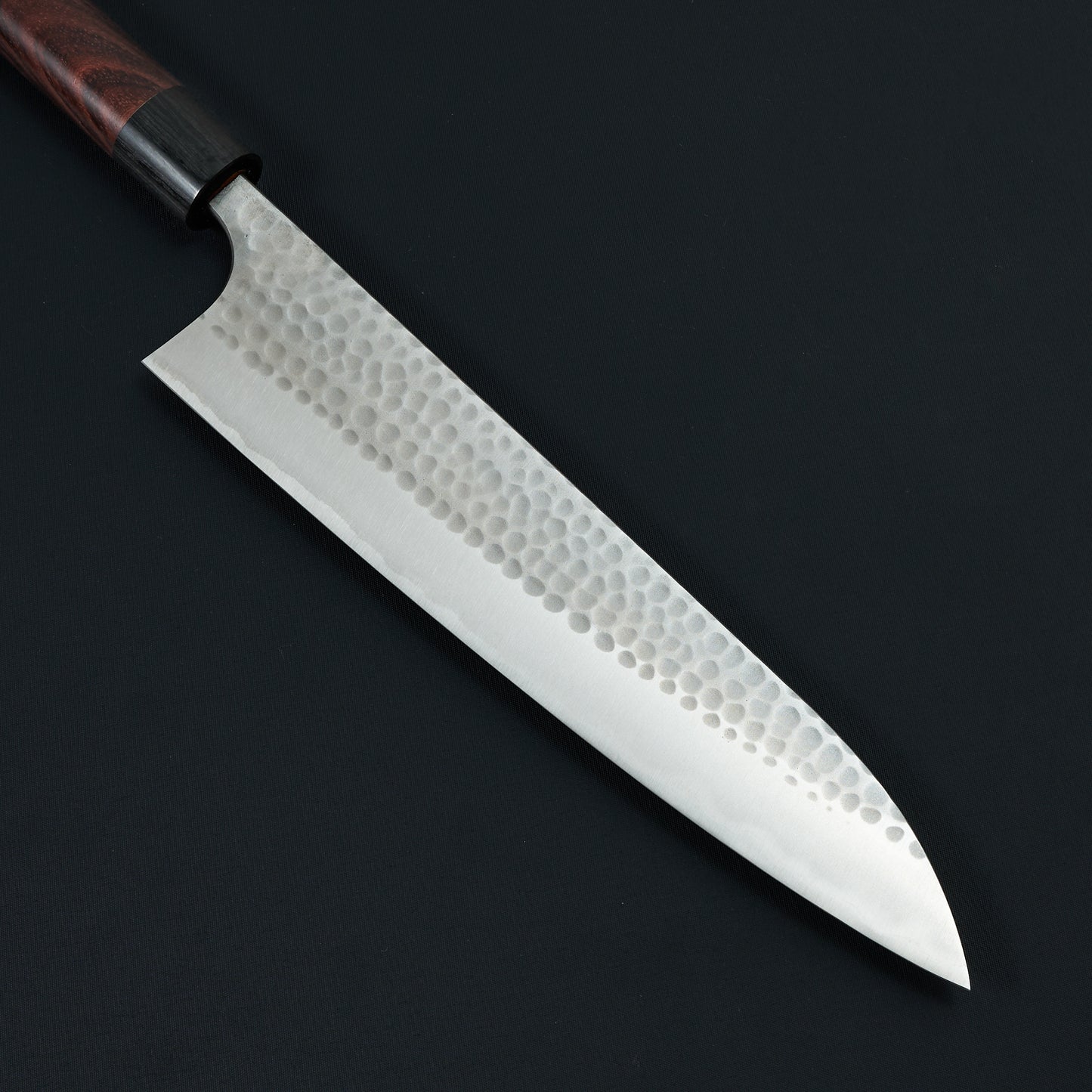 Gyuto 240mm Blue #2 Stainless Clad Tsuchime Rosewood – blade close-up