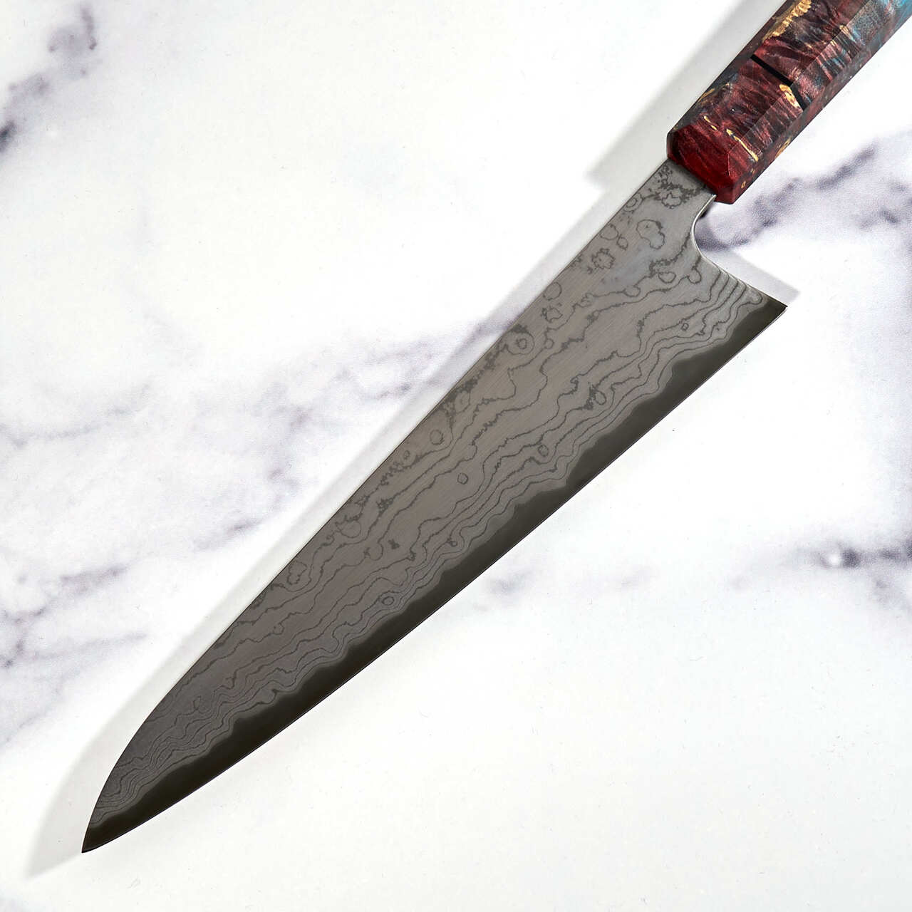 ScheepersBuilt Gyuto 220mm Full Carbon Suminagashi Damascus - Profile