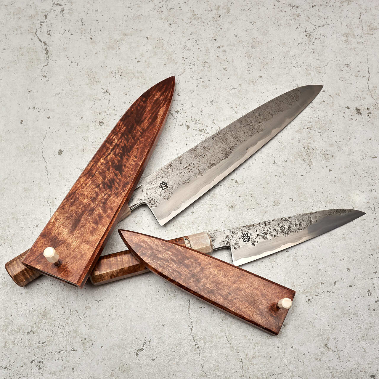 Isasmedjan Gyuto 250mm & 150mm Wrought Iron Clad Kasumi San Mai Set - Saya