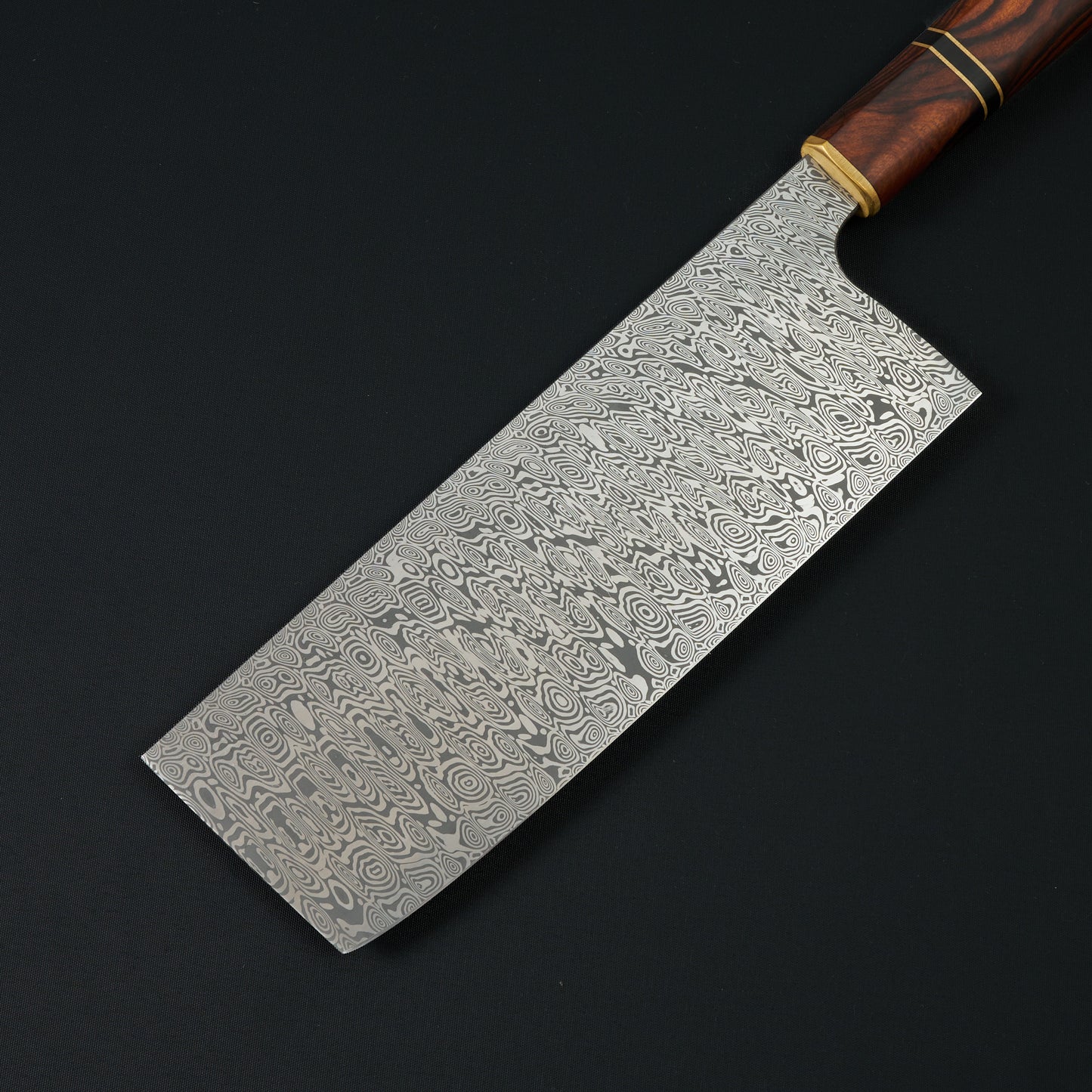Nakiri 180mm Damasteel Desert Ironwood & Brass – blade close-up