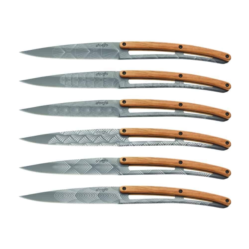deejo Art Deco Steak knife Titanium Finish Olive Wood Handle full set H