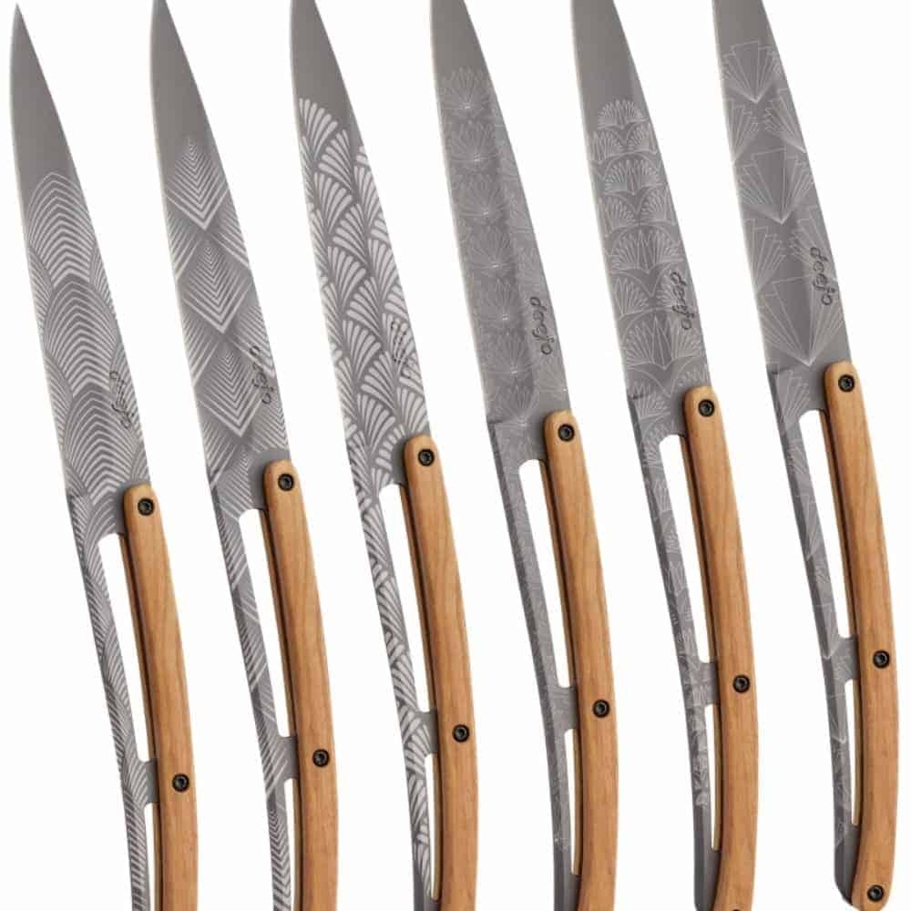 deejo Art Deco Steak knife Titanium Finish Olive Wood Handle full set