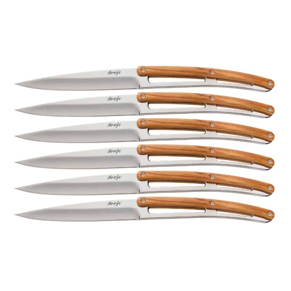 deejo Steak Knife MIrror Finish Olive Wood Handle full set H