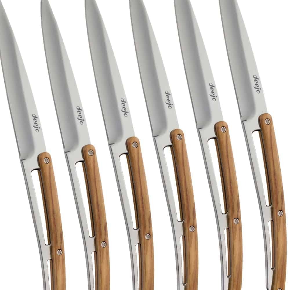 deejo Steak Knife MIrror Finish Olive Wood Handle full set