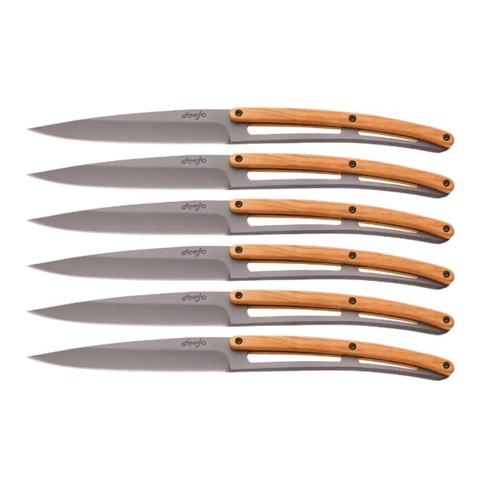deejo Steak Knife Titanium Finish Olive Wood Handle full set H