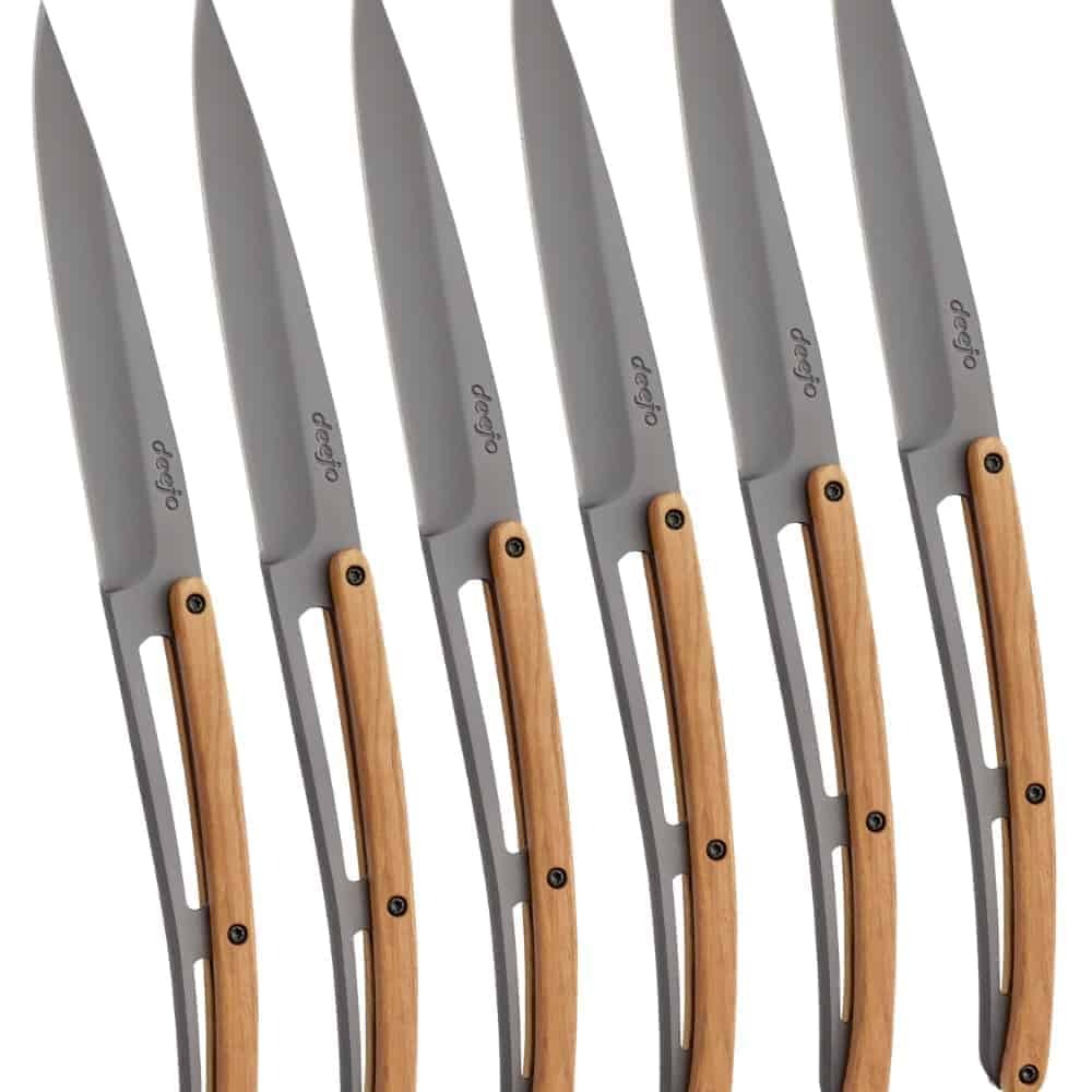 deejo Steak Knife Titanium Finish Olive Wood Handle full set