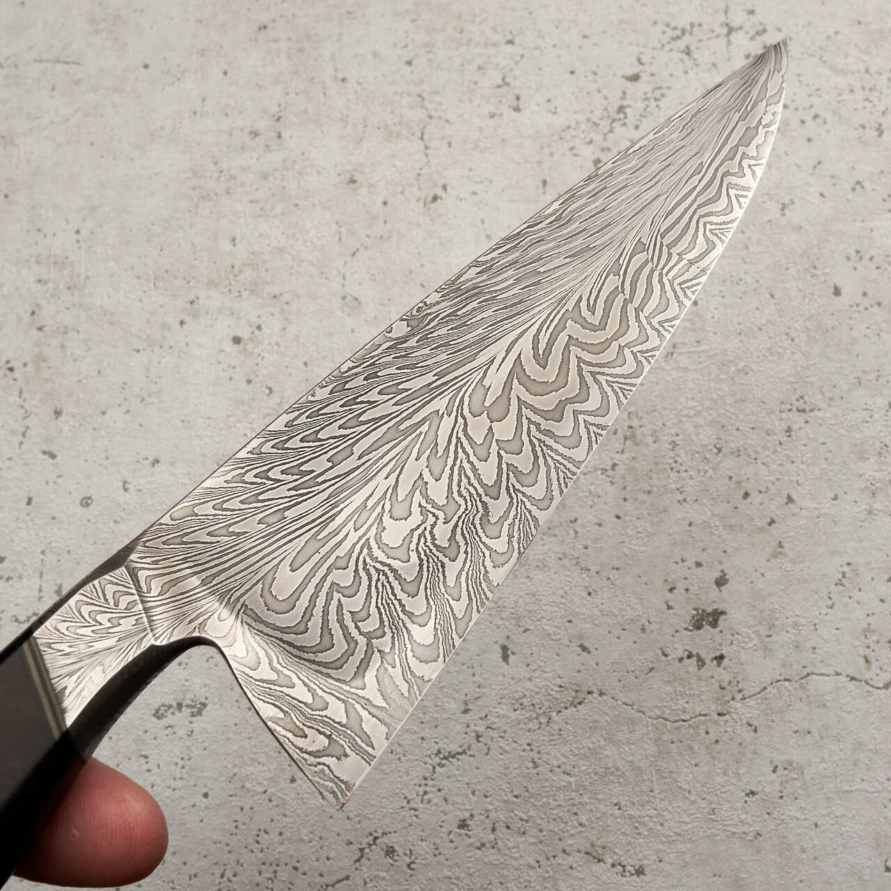 Martin Huber Chef Knife 220mm Feather Damascus "S" Grind with Integral Ironwood Handle - Finish