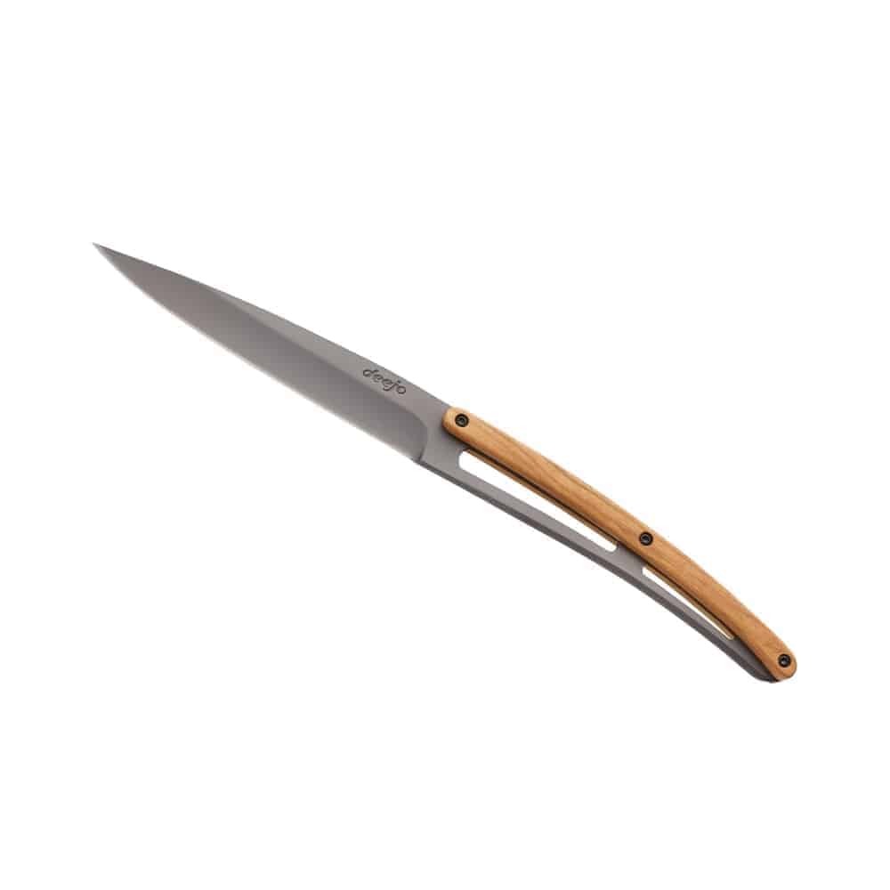 deejo Steak Knife Titanium Finish Olive Wood Handle