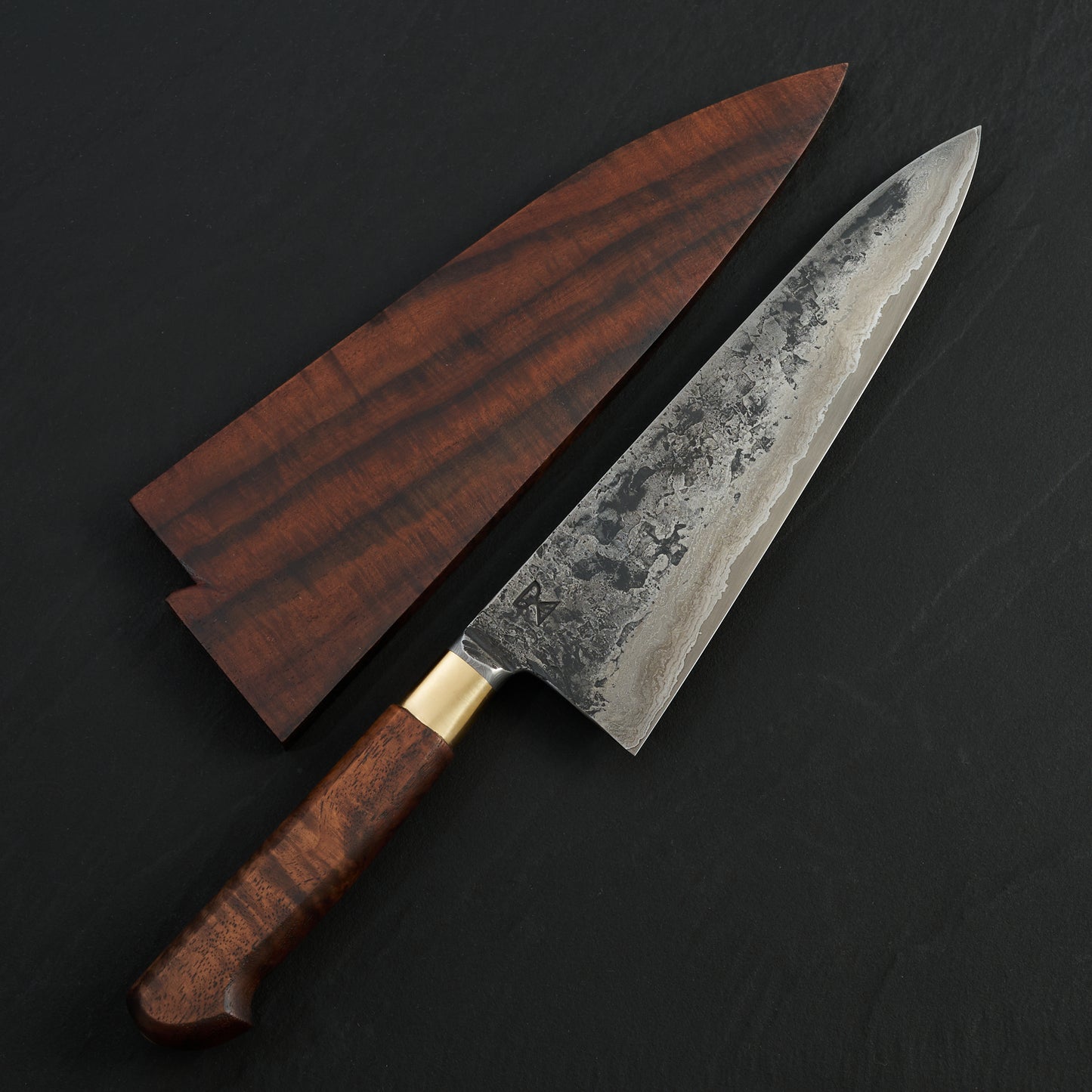 Gyuto 220mm Damascus Clad Nogent Walnut & Brass Integral