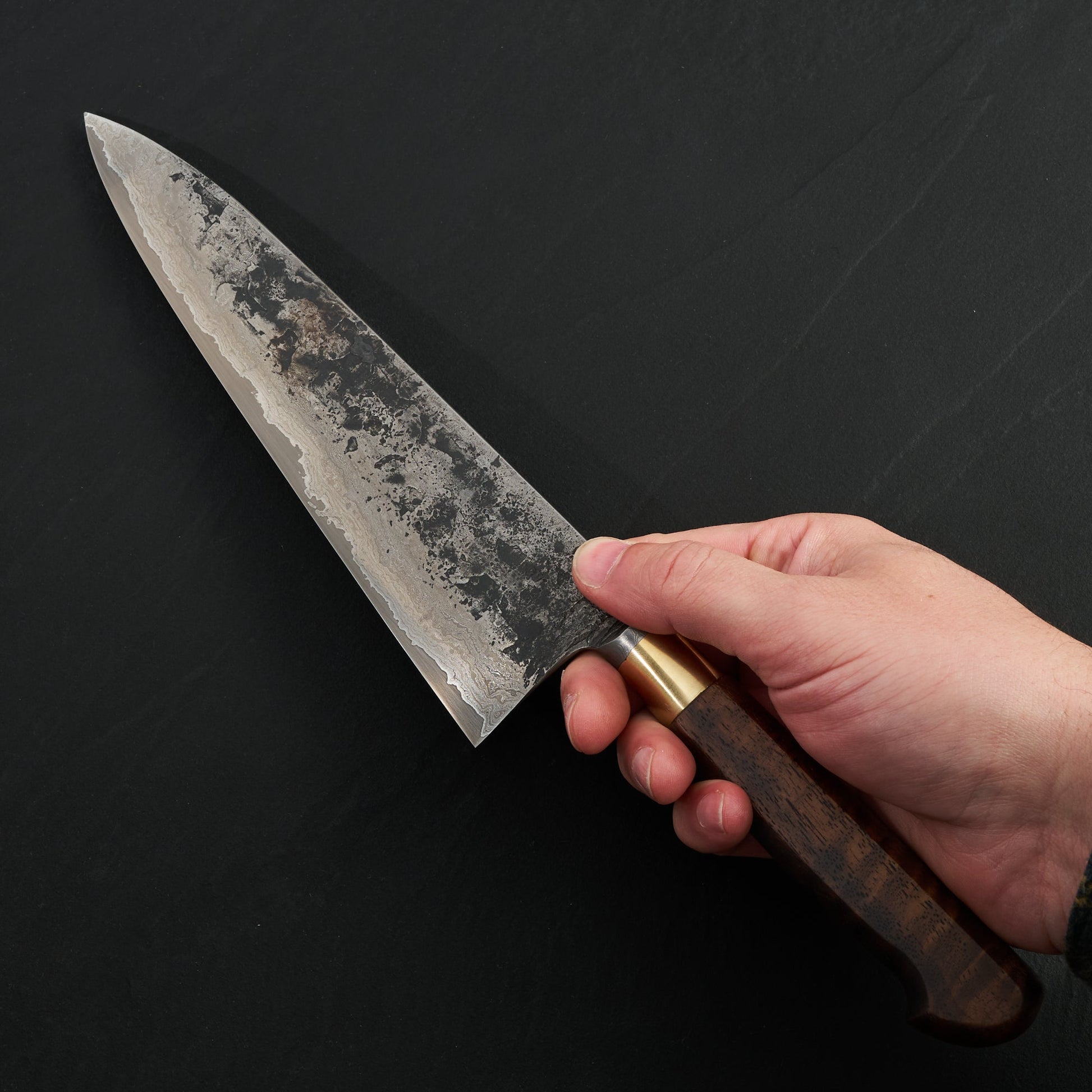 Gyuto 220mm Damascus Clad Nogent Walnut & Brass Integral – detail view