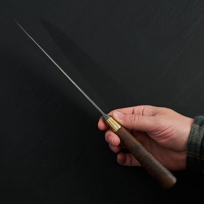 Gyuto 220mm Damascus Clad Nogent Walnut & Brass Integral – handle detail