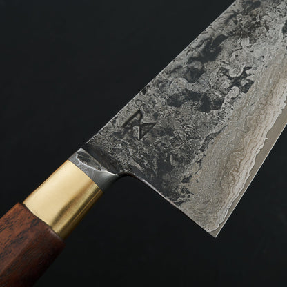 Gyuto 220mm Damascus Clad Nogent Walnut & Brass Integral – blade close-up