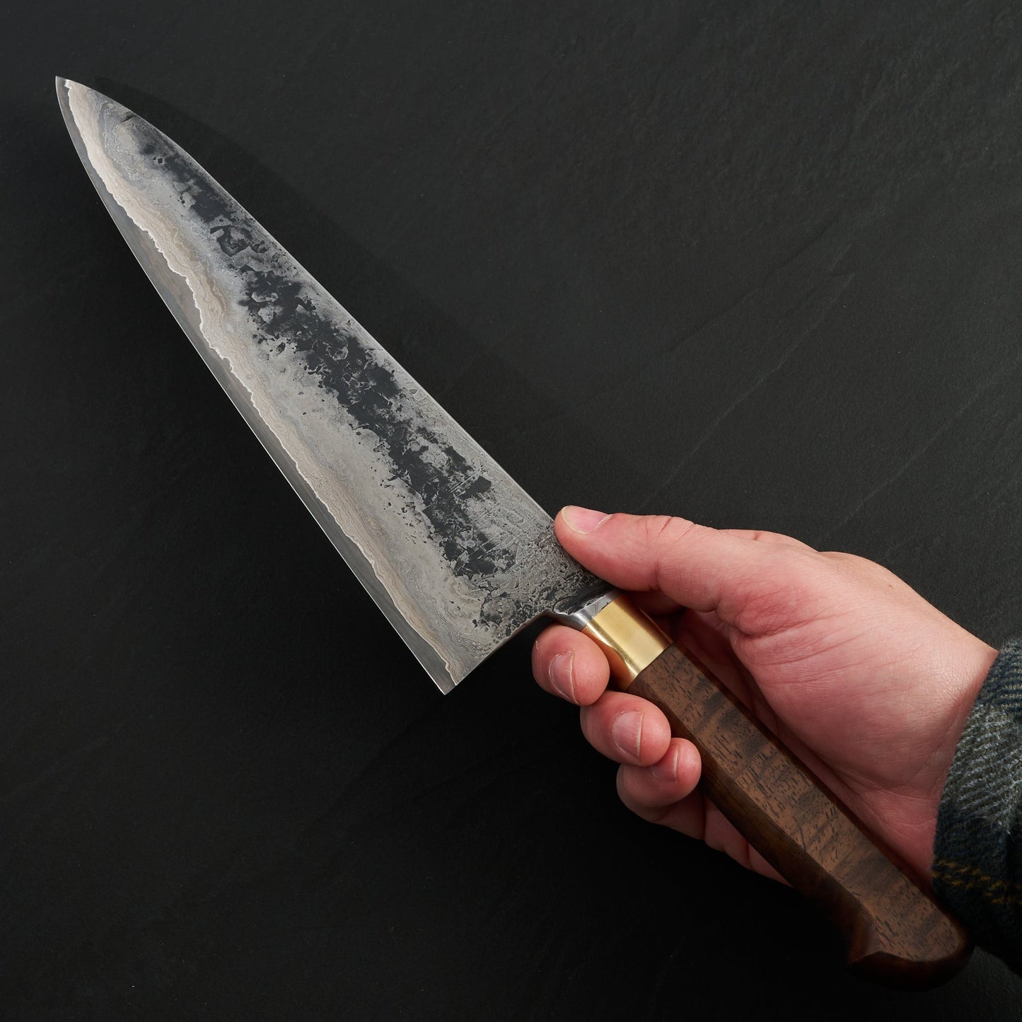 Gyuto 247mm Damascus Clad Nogent Walnut & Brass Integral – detail view