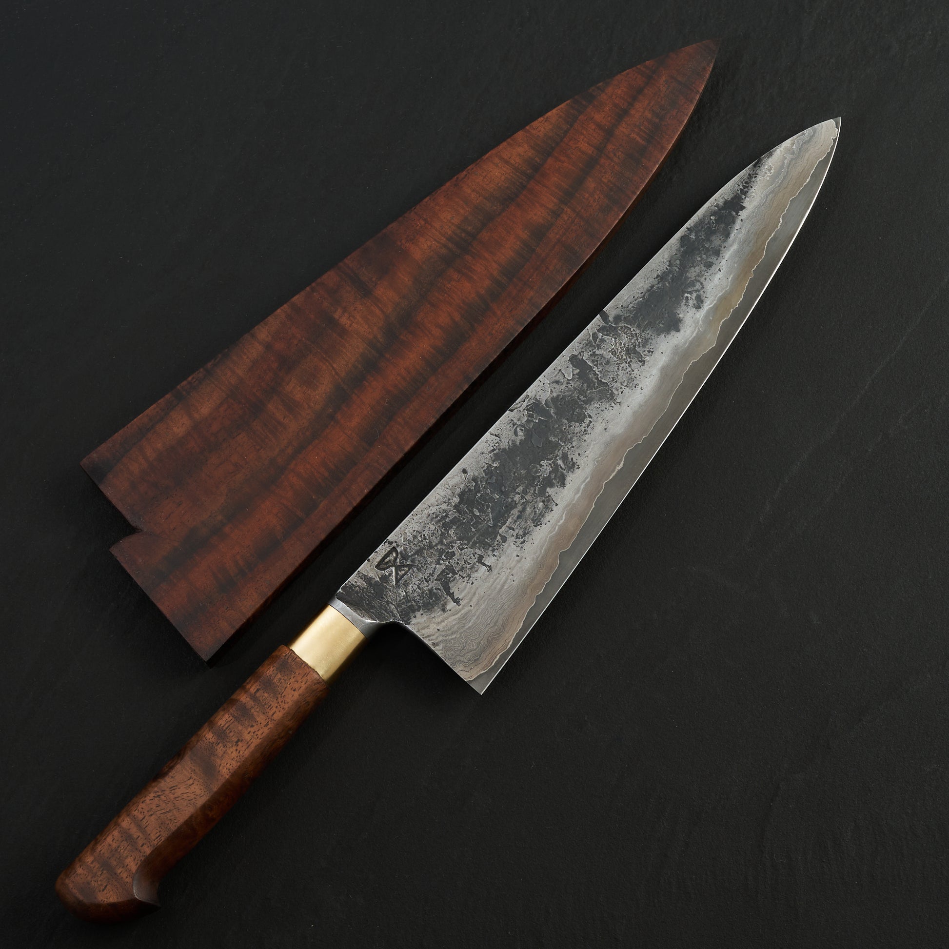 Gyuto 247mm Damascus Clad Nogent Walnut & Brass Integral