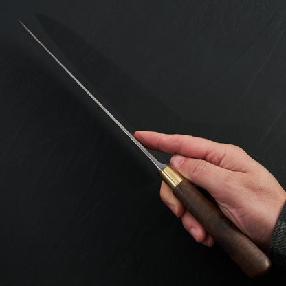 Gyuto 247mm Damascus Clad Nogent Walnut & Brass Integral – handle detail