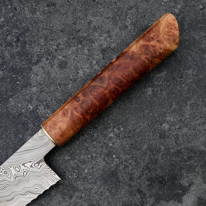 Bread Knife 280mm Damasteel DenseTwist, Eucalyptus Burl & Brass – side profile