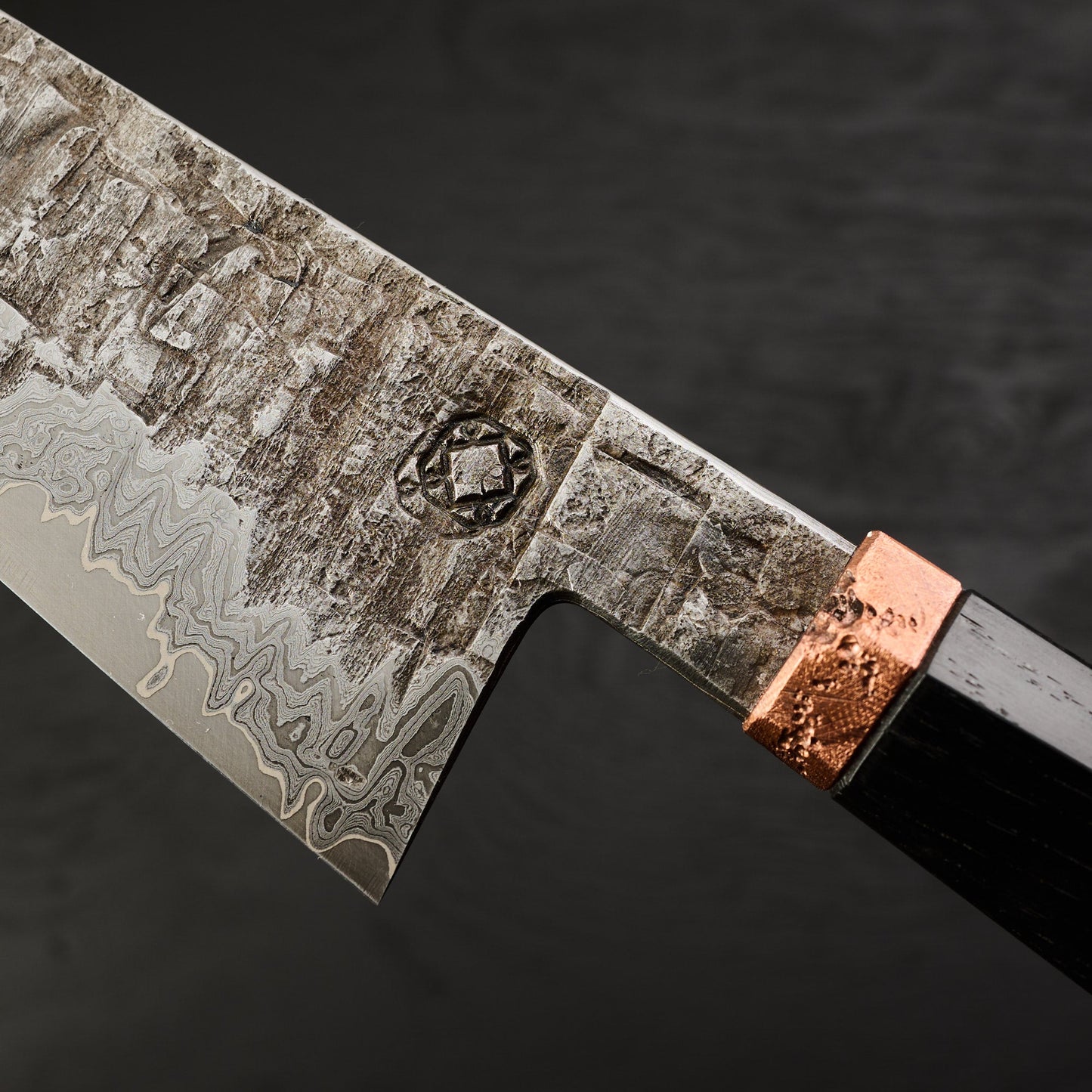 Bunka 155mm MH Go Mai Damascus, Nickel & Apex Ultra Core – handle detail