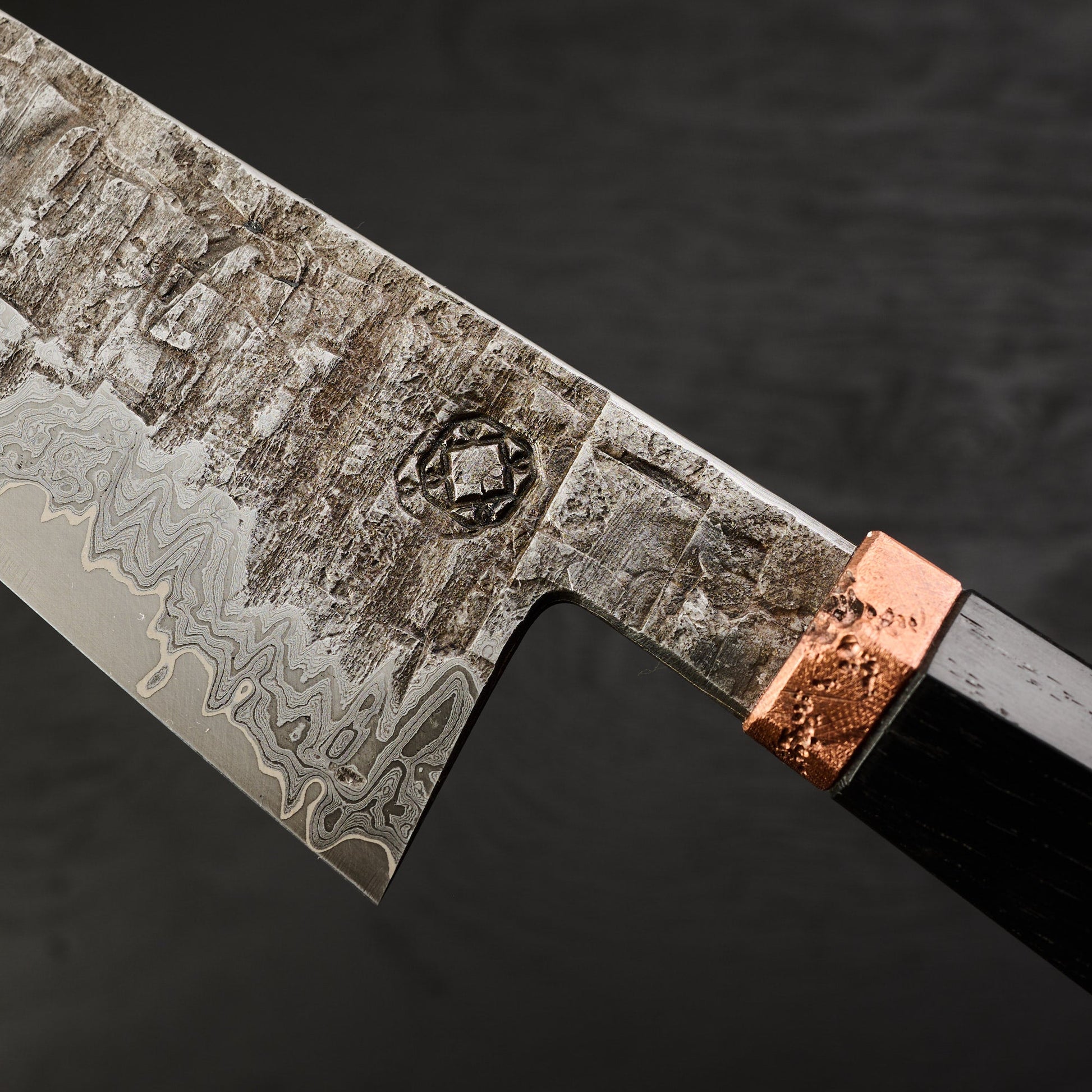 Bunka 155mm MH Go Mai Damascus, Nickel & Apex Ultra Core – handle detail