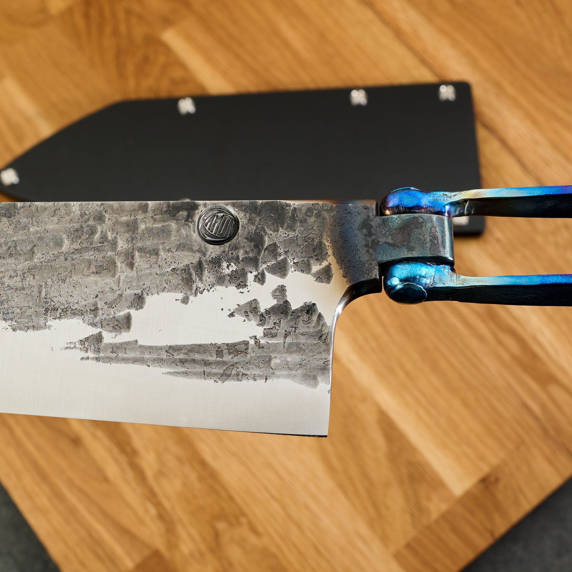 Bunka 240mm 'Wave' KU Anodized Titanium Frame Forged & Riveted Handle – blade close-up