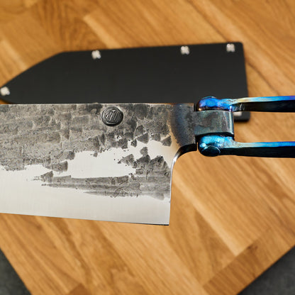 Bunka 240mm 'Wave' KU Anodized Titanium Frame Forged & Riveted Handle – blade close-up