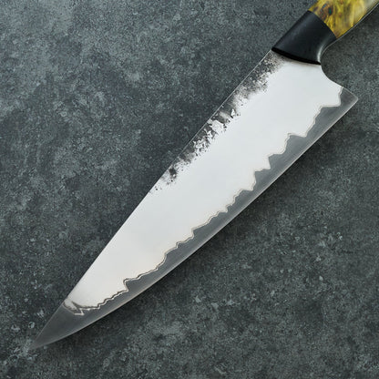 Chef Knife 215mm Stainless Clad GoMai 1.2419 Poplar Burl & G10 – detail view
