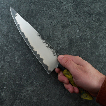 Chef Knife 215mm Stainless Clad GoMai 1.2419 Poplar Burl & G10 – handle detail
