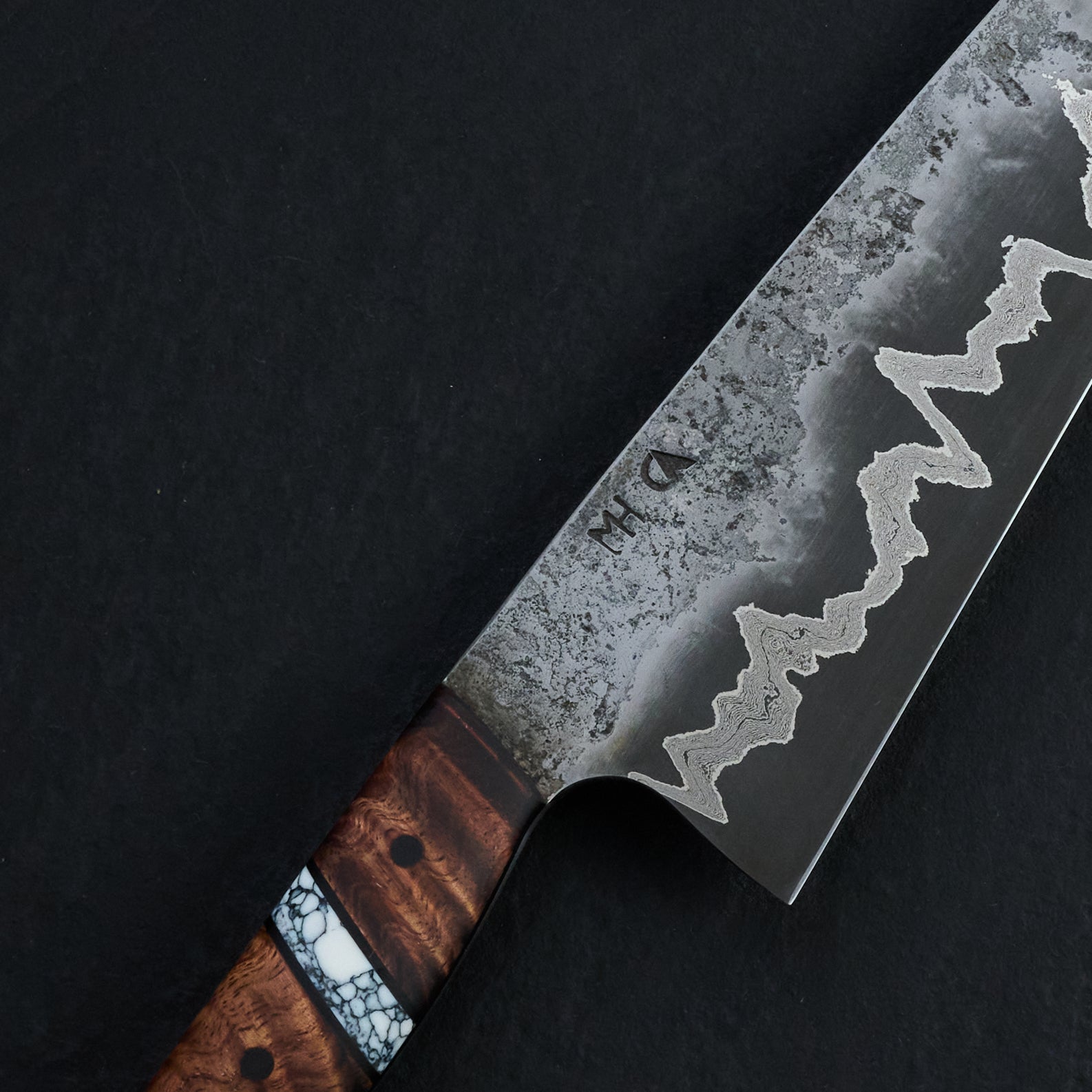 Chef Knife 225mm GoMai 12419 Damascus Koa & TruStone – blade close-up