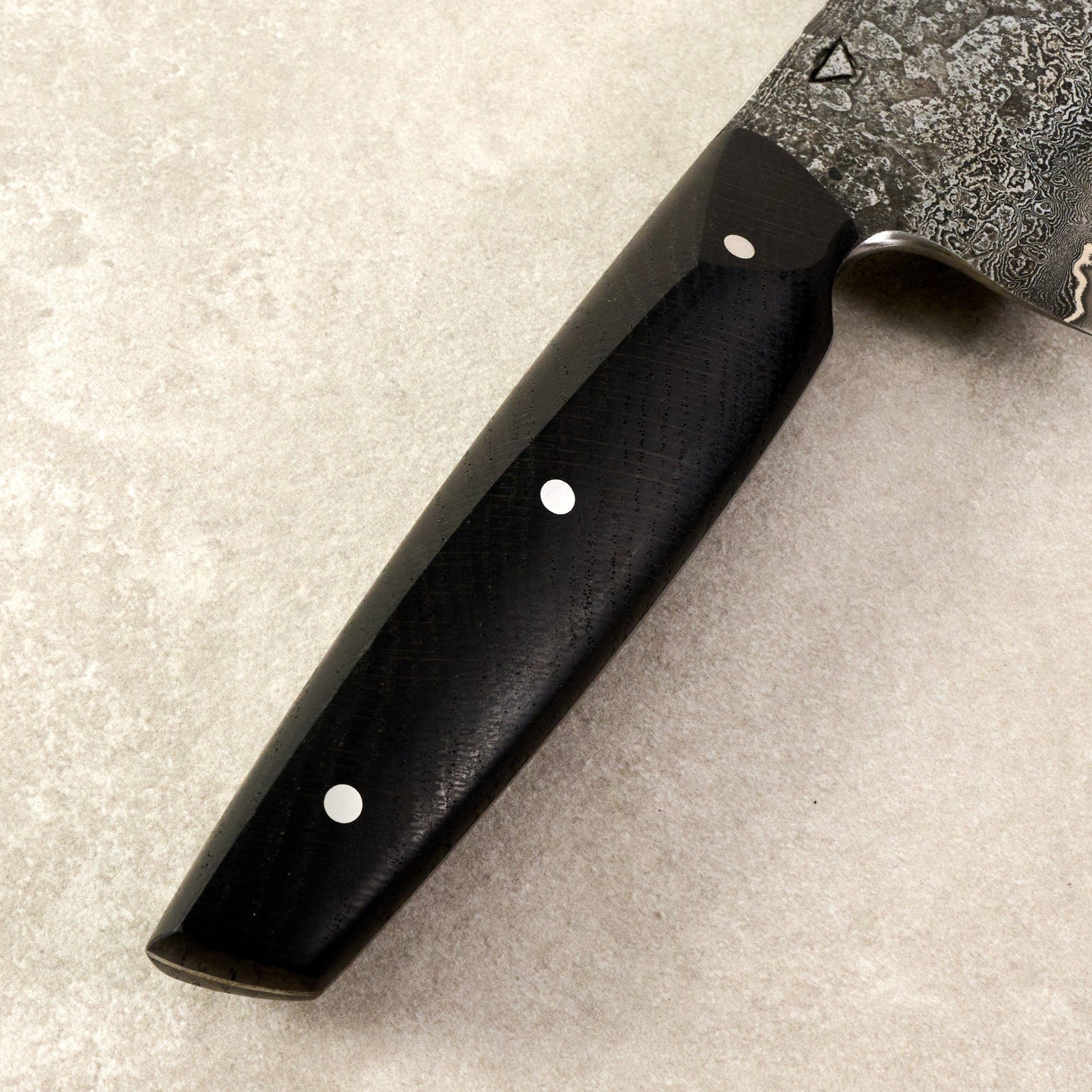 Chef Knife 250mm Damascus, Nickel, AU GoMai XCut Bog Oak – blade close-up