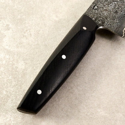 Chef Knife 250mm Damascus, Nickel, AU GoMai XCut Bog Oak – blade close-up