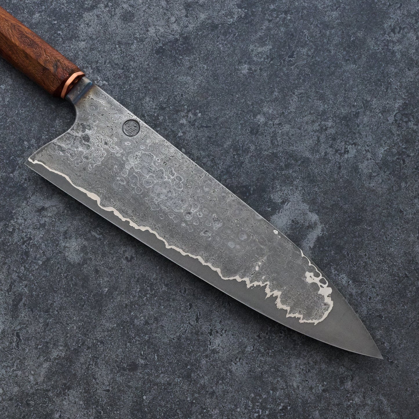 Kamon X Hangler High Chef Knife 235mm Damascus Clad Apex Ultra GoMai – detail view