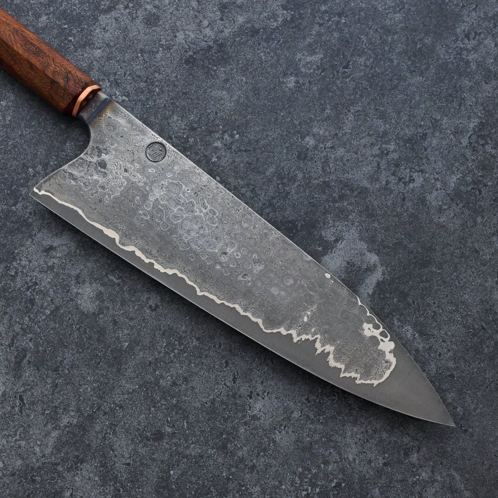 Kamon X Hangler High Chef Knife 235mm Damascus Clad Apex Ultra GoMai – detail view