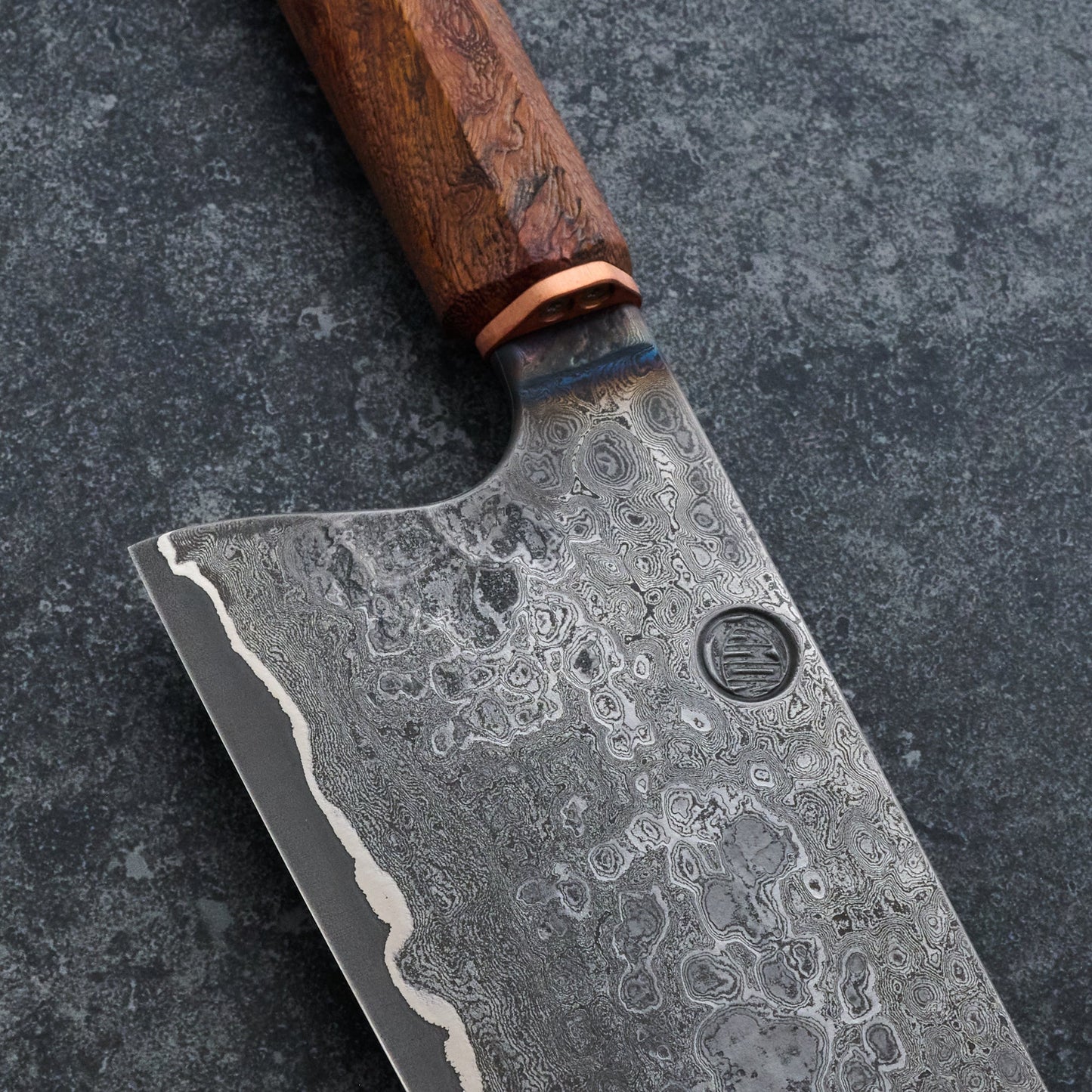 Kamon X Hangler High Chef Knife 235mm Damascus Clad Apex Ultra GoMai – handle detail