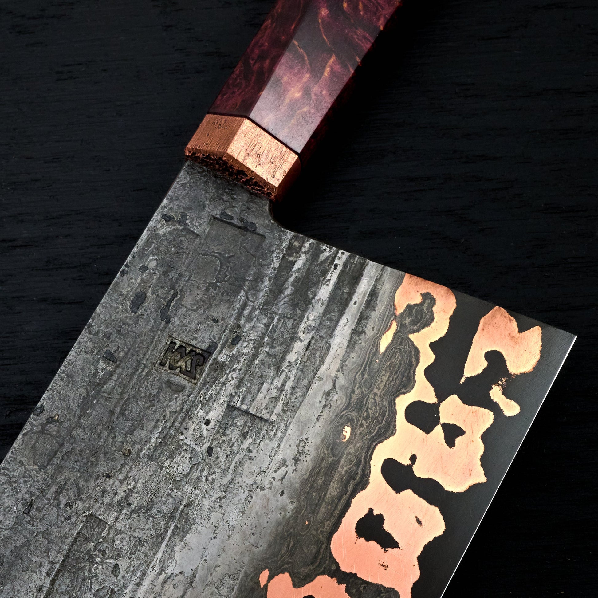 Cleaver 180mm Apex Ultra with Copper & Wrought Iron Cladding – blade close-up