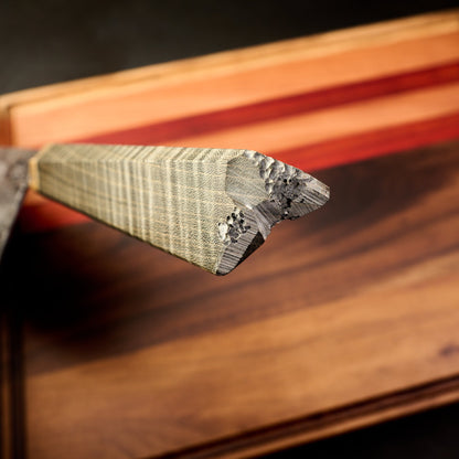 Cleaver 180mm by 85mm Spicy White, Maple & Brass – blade close-up