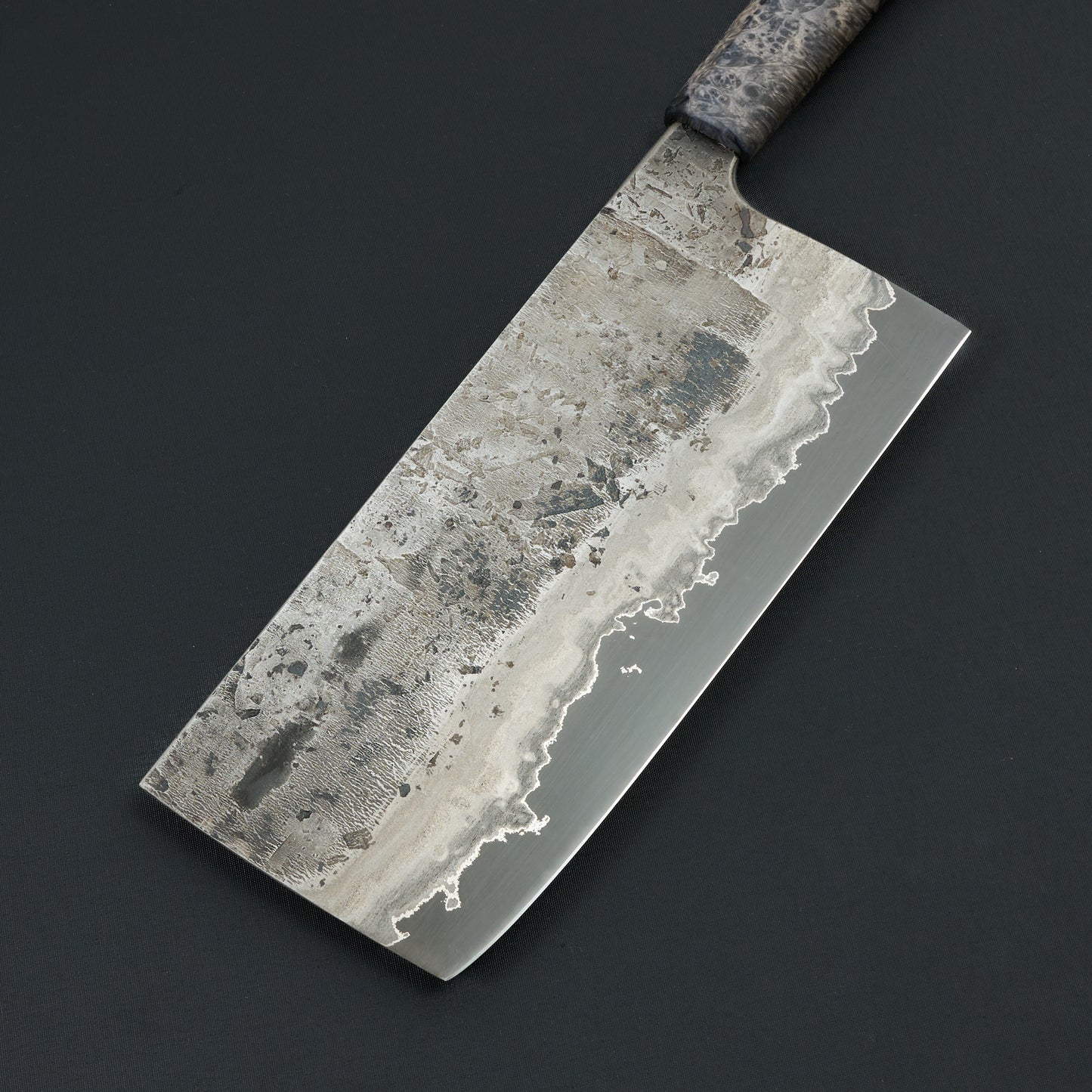 Cleaver 200mm X 90mm Wrought Iron, Ni, 1.2419 Poplar Burl – detail view