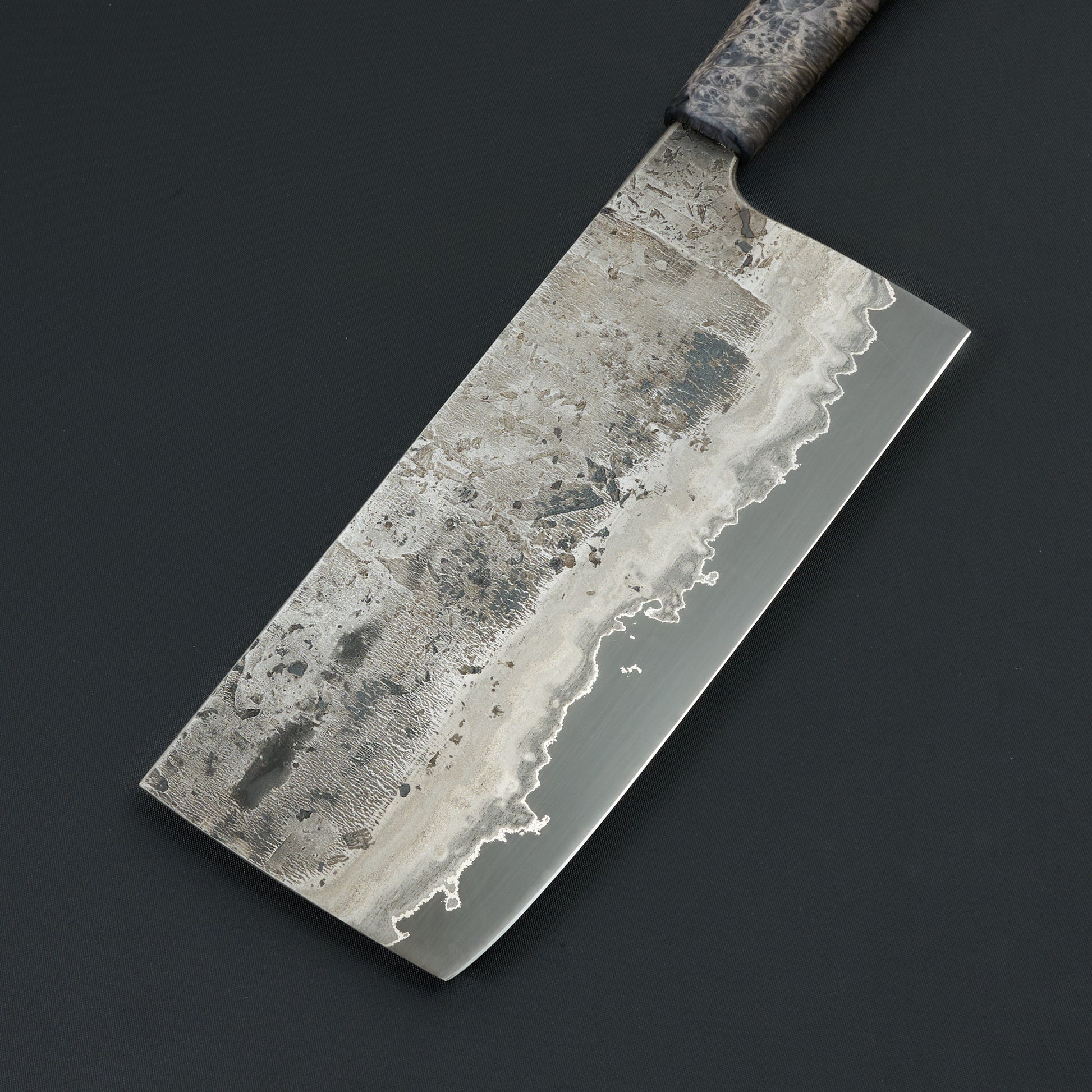 Cleaver 200mm X 90mm Wrought Iron, Ni, 1.2419 Poplar Burl – detail view