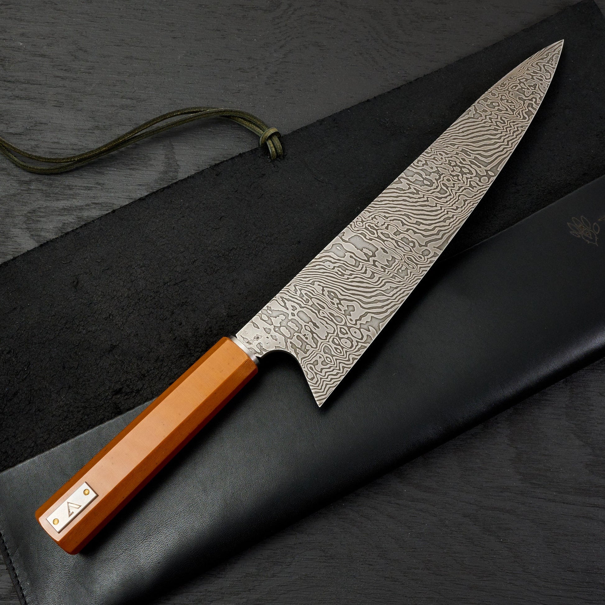 Gyuto 265mm Damascus Twist Vintage Micarta & Stainless Steel – detail view