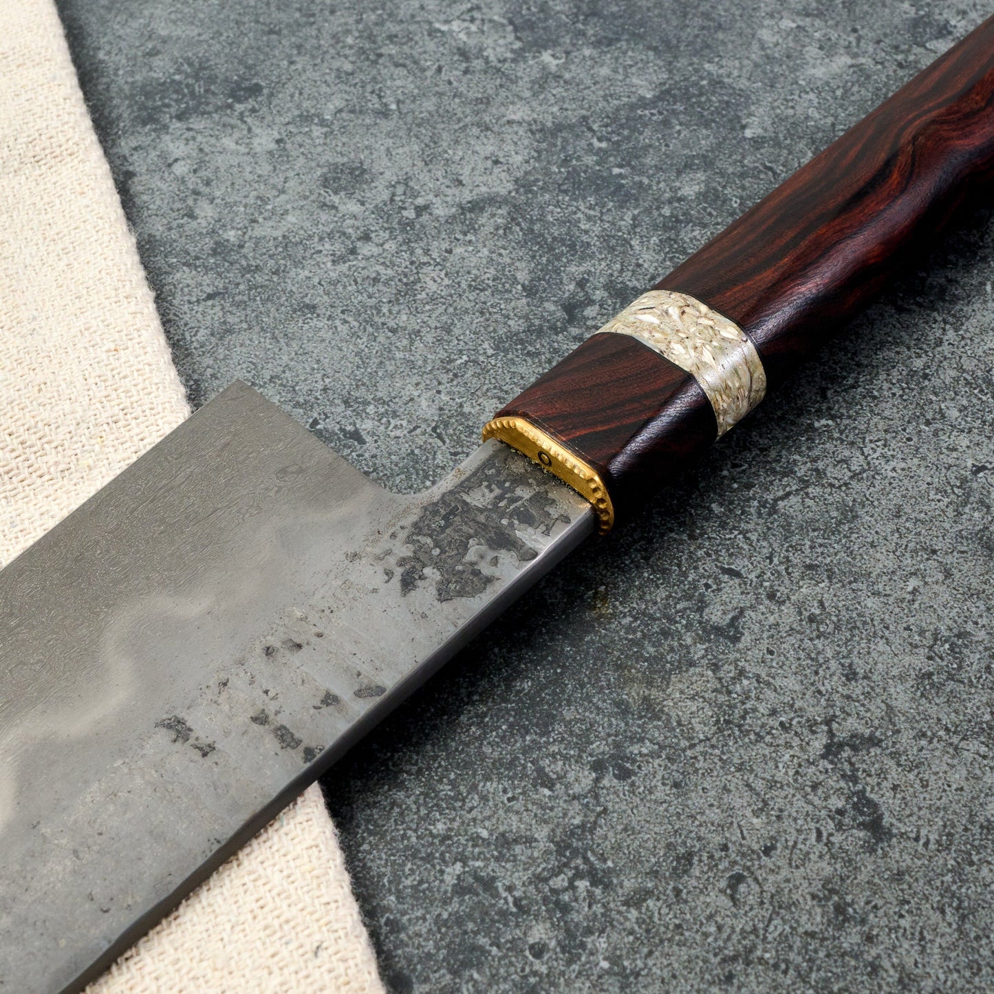 Gyuto 220mm Honyaki Brass, Oyster Shell & Ironwood – side profile