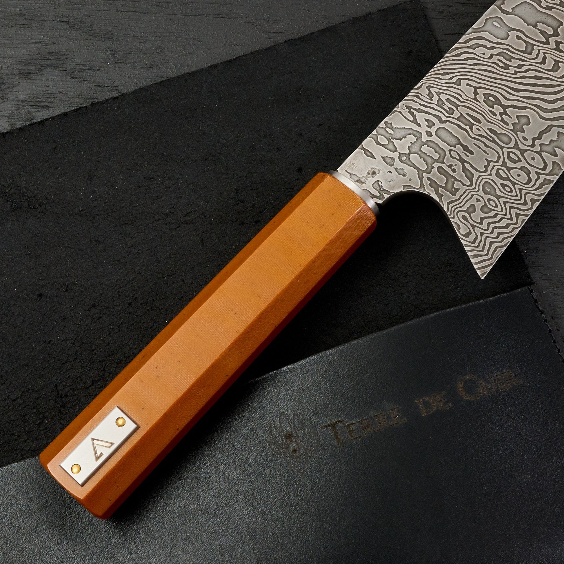 Gyuto 265mm Damascus Twist Vintage Micarta & Stainless Steel – handle detail