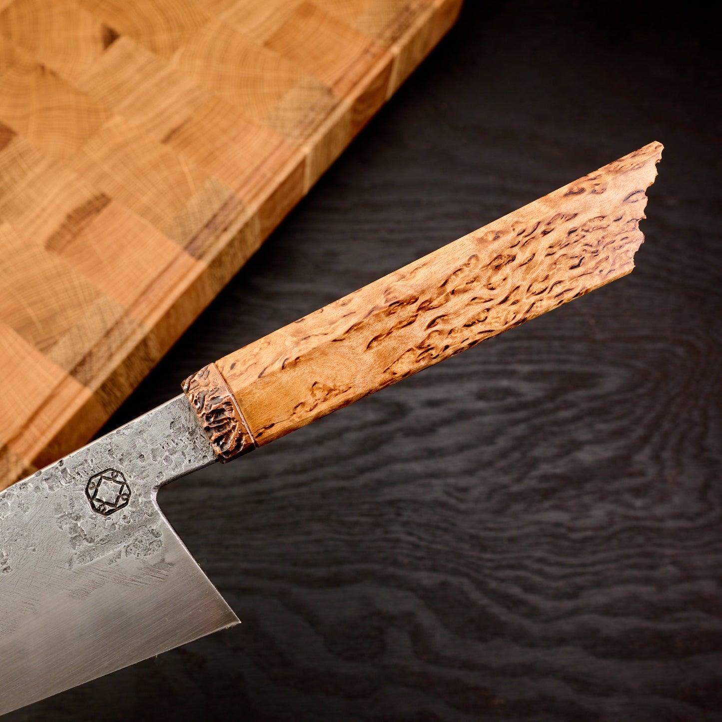 Gyuto 180mm 125SC Honyaki Stabilized Karelian Birch Burl – handle detail