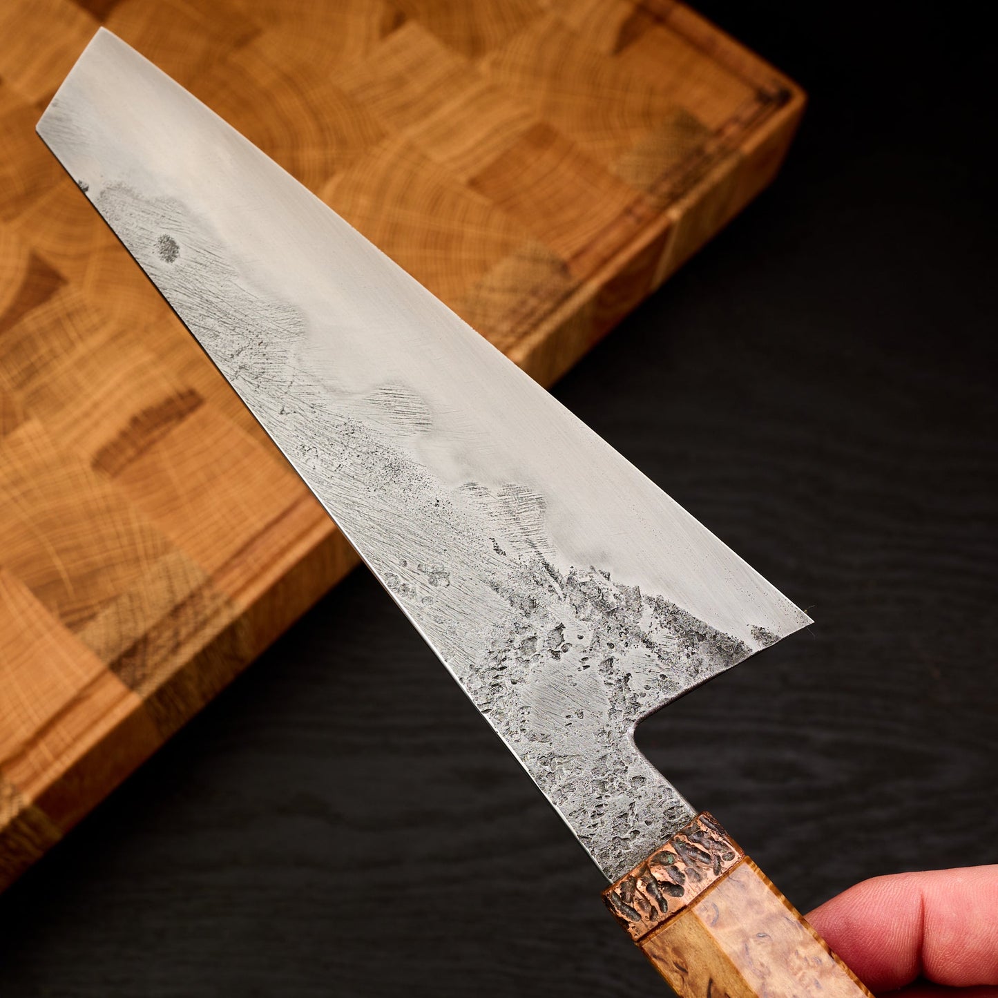Gyuto 180mm 125SC Honyaki Stabilized Karelian Birch Burl – detail view
