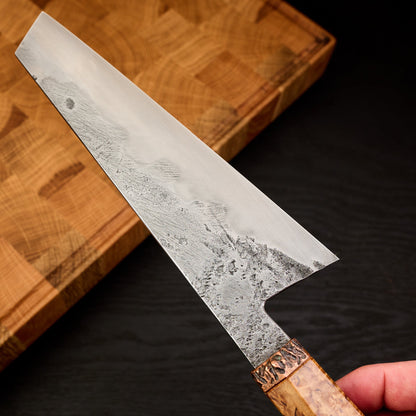 Gyuto 180mm 125SC Honyaki Stabilized Karelian Birch Burl – detail view
