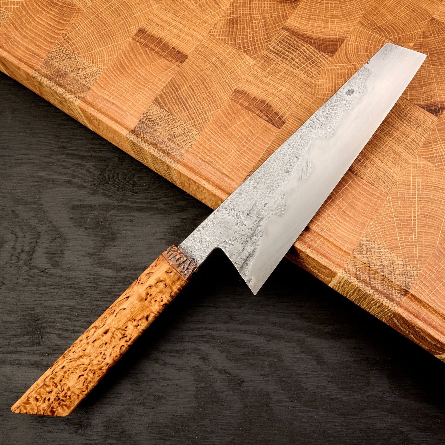 Gyuto 180mm 125SC Honyaki Stabilized Karelian Birch Burl – side profile