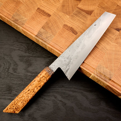 Gyuto 180mm 125SC Honyaki Stabilized Karelian Birch Burl – side profile