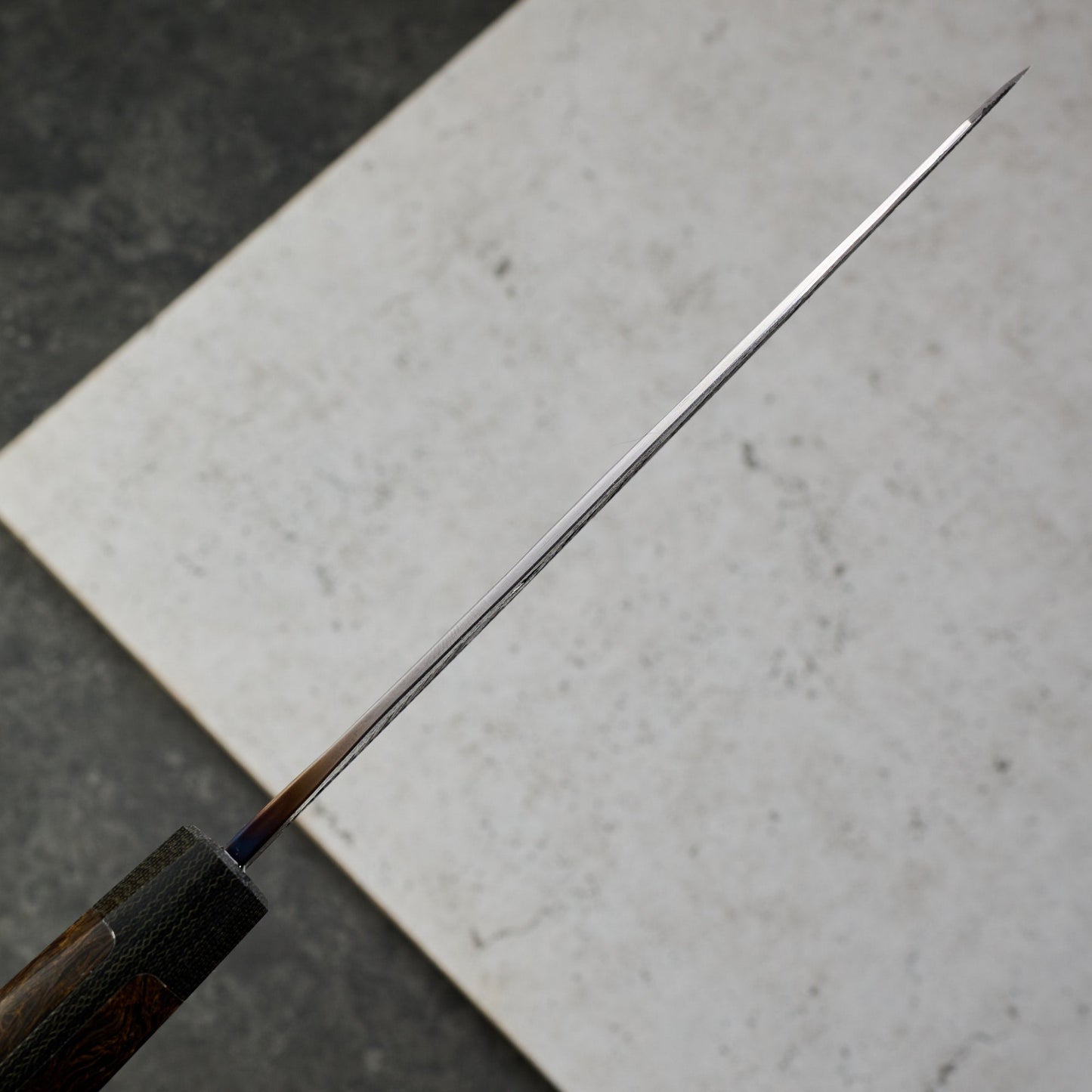 Gyuto 185mm Hollowed Carbon & Micarta – blade close-up