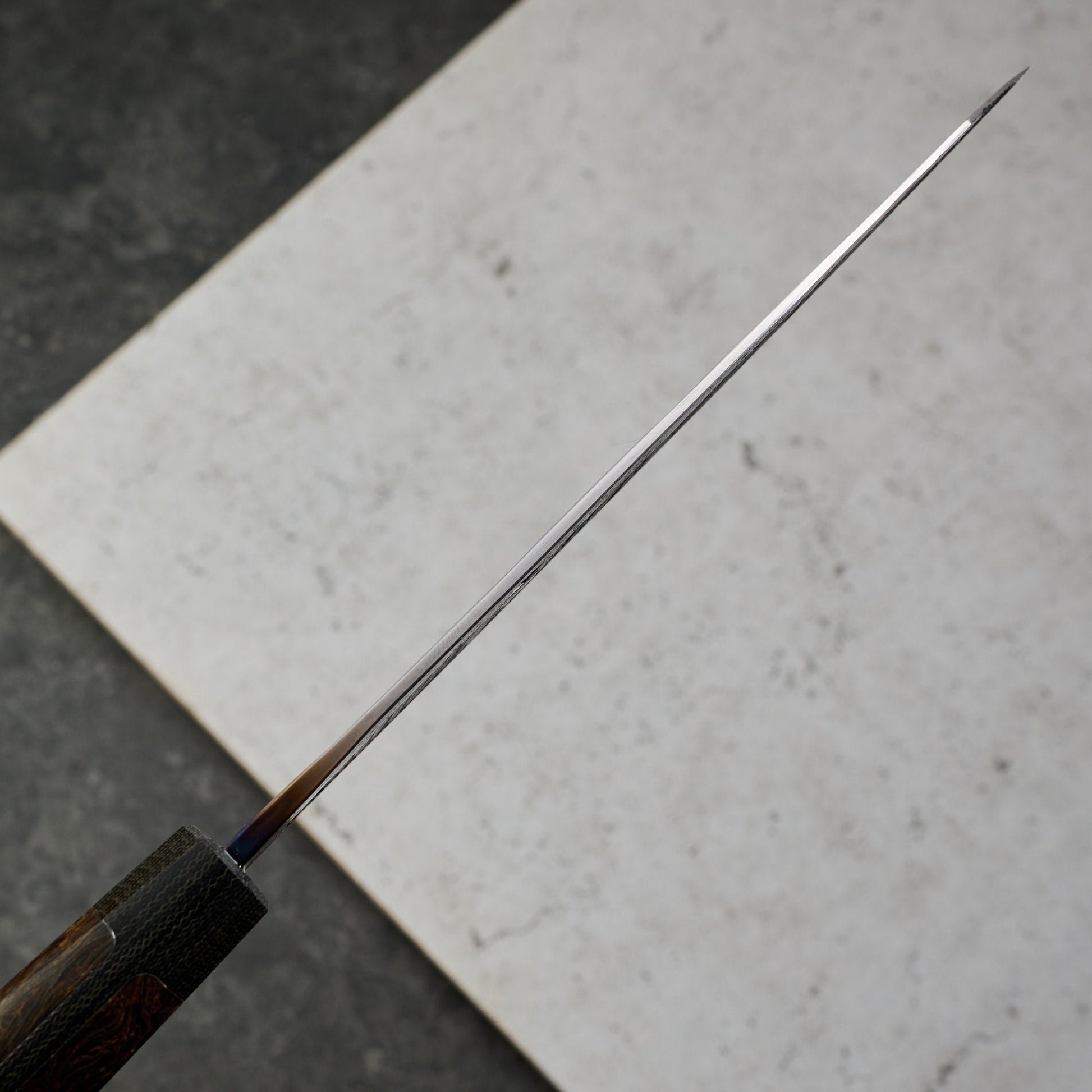 Gyuto 185mm Hollowed Carbon & Micarta – blade close-up